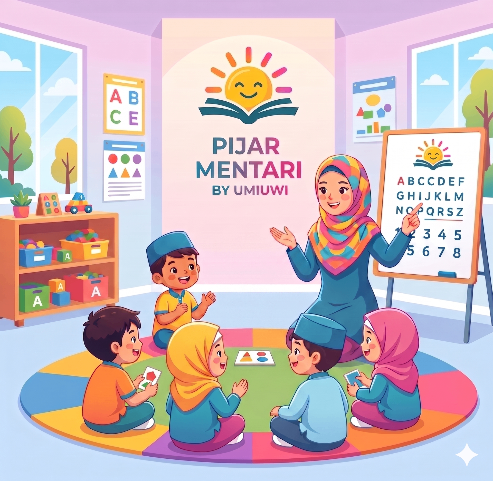 Pengajar les sedang membimbing dua anak belajar